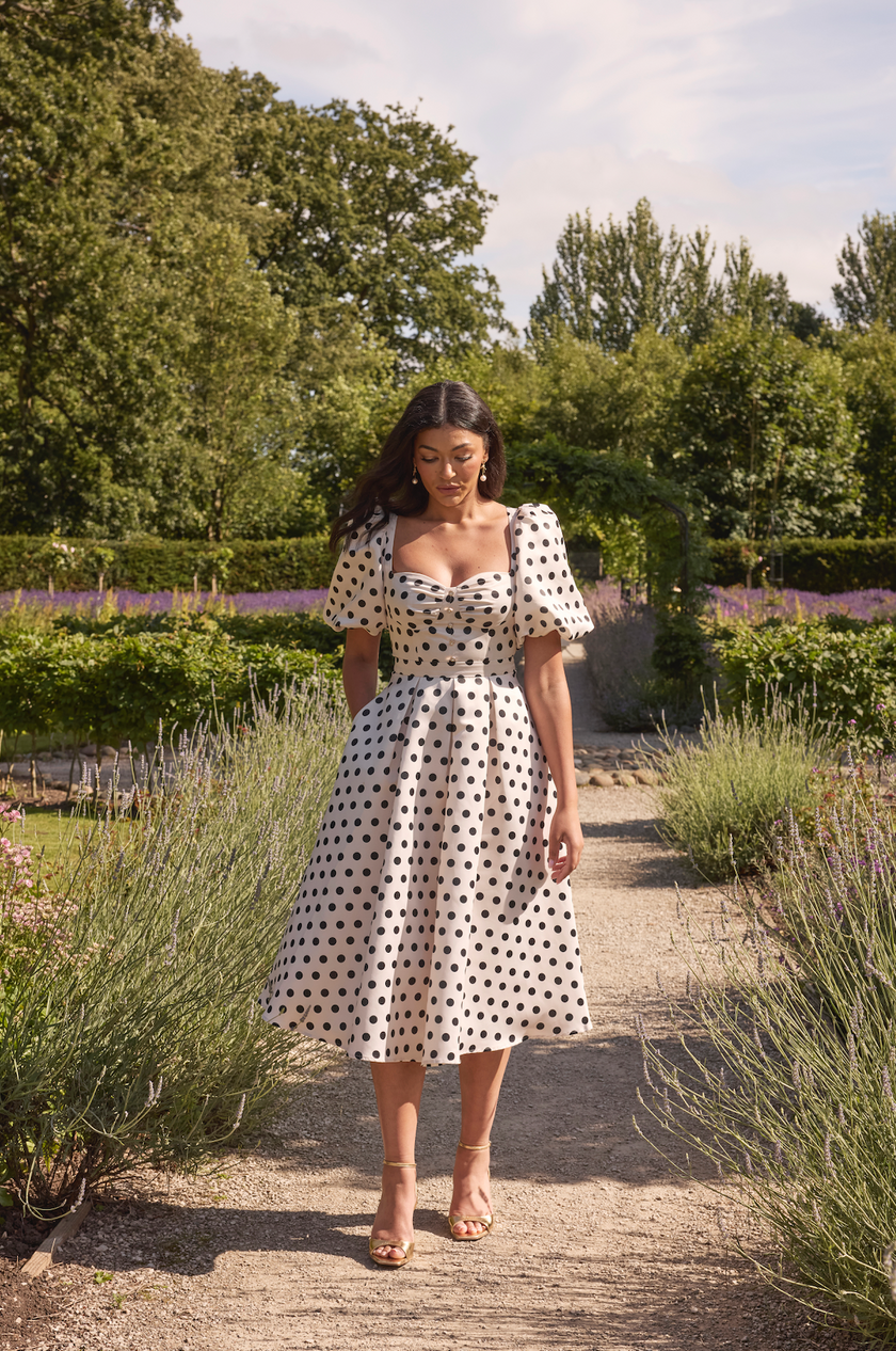 AUDREY PUFF SLEEVE FULL SKIRT DRESS - CHAMPAGNE IVORY POLKA DOT