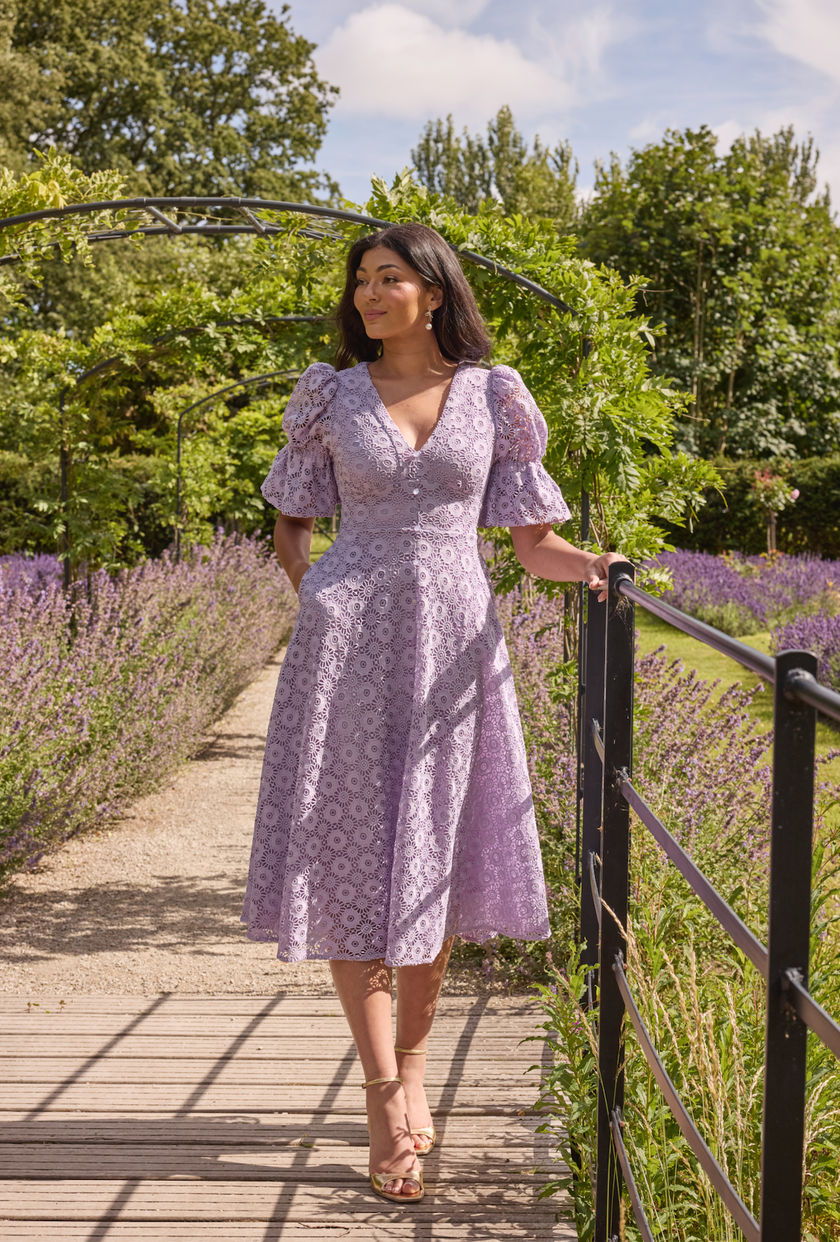 CALLIE LACE PUFF SLEEVE MIDI DRESS - LILAC