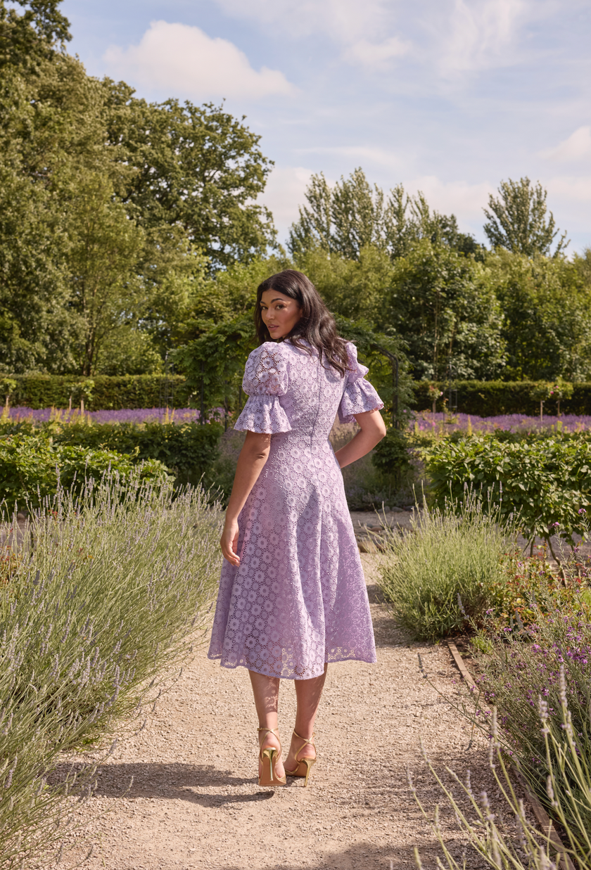 CALLIE LACE PUFF SLEEVE MIDI DRESS - LILAC