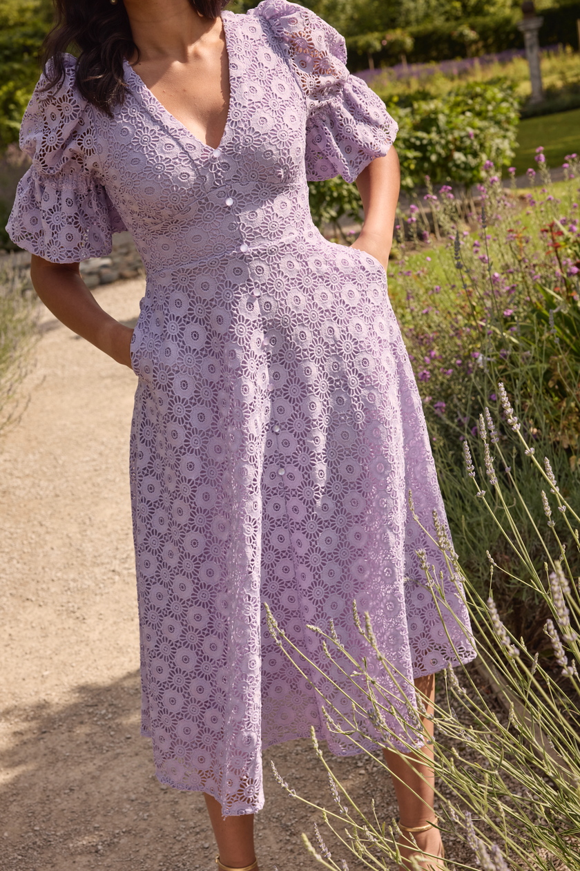 CALLIE LACE PUFF SLEEVE MIDI DRESS - LILAC