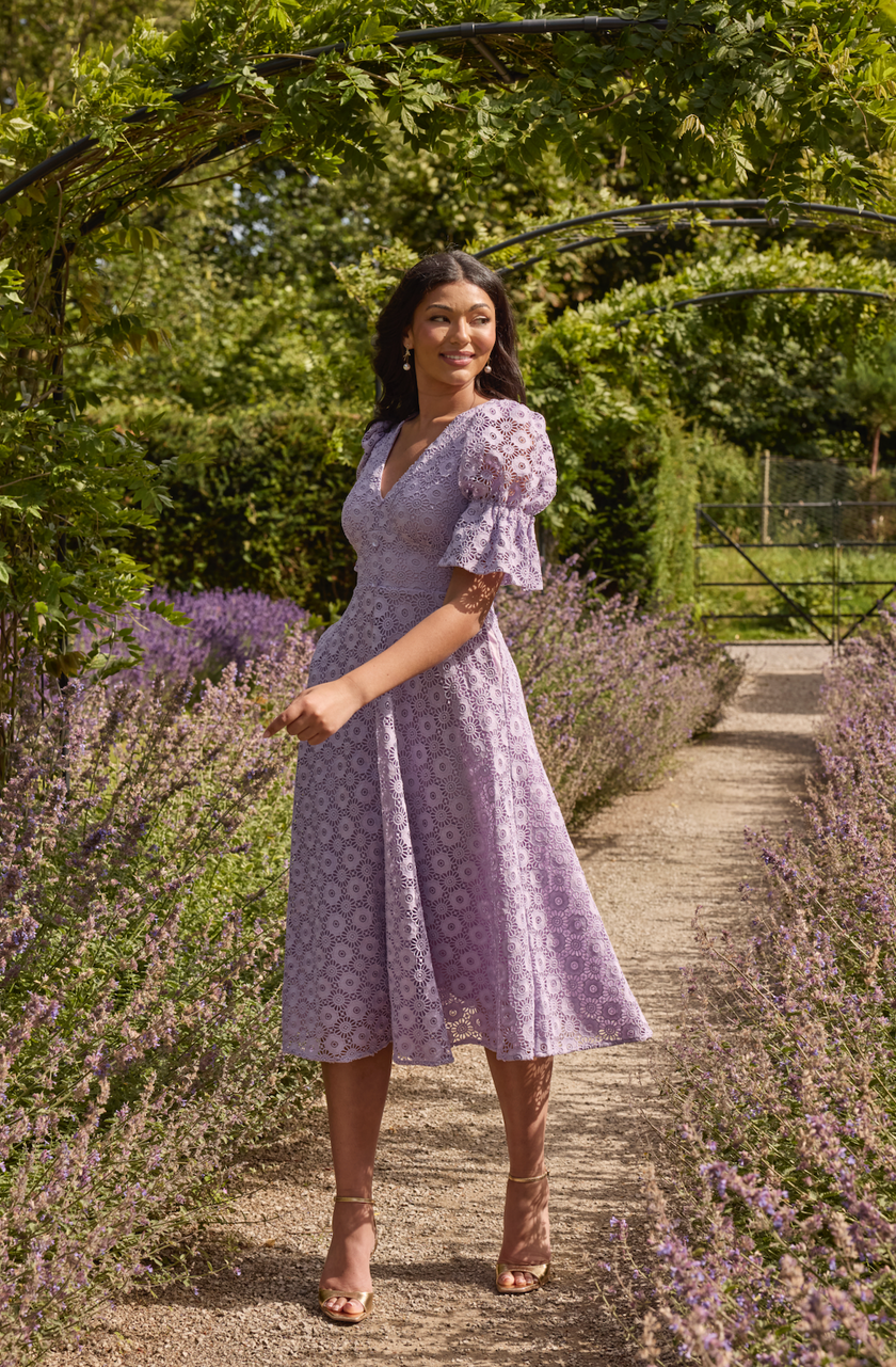CALLIE LACE PUFF SLEEVE MIDI DRESS - LILAC