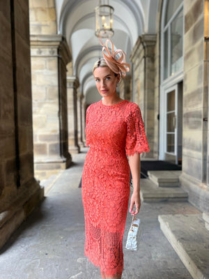 WINDSOR LACE SHEER DETAIL MIDI - CORAL