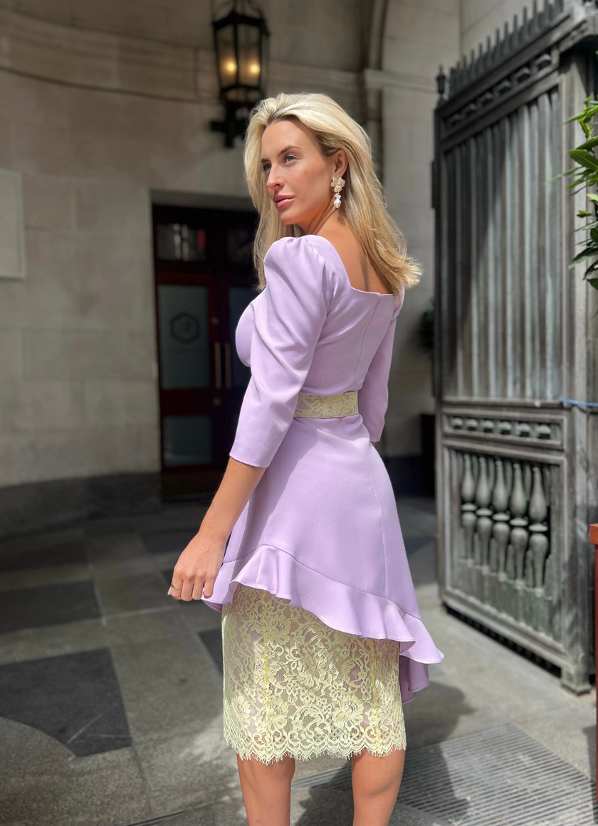 LORETTA ASYMMETRIC LACE FRILL DRESS - LILAC LEMON
