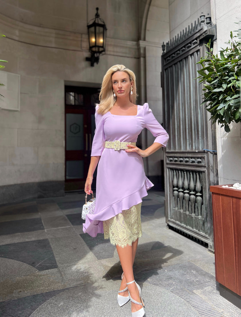 LORETTA ASYMMETRIC LACE FRILL DRESS - LILAC LEMON