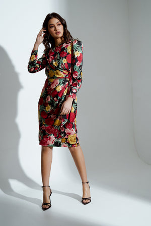 ELIZA ROSE FLORAL TIE DRAPE MIDI DRESS