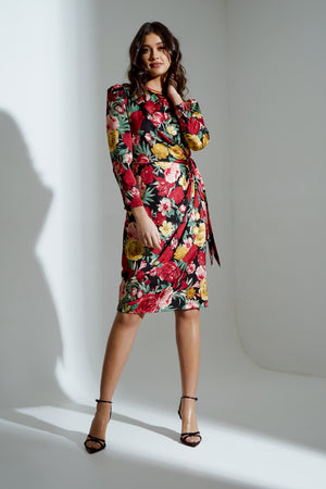 ELIZA ROSE FLORAL TIE DRAPE MIDI DRESS