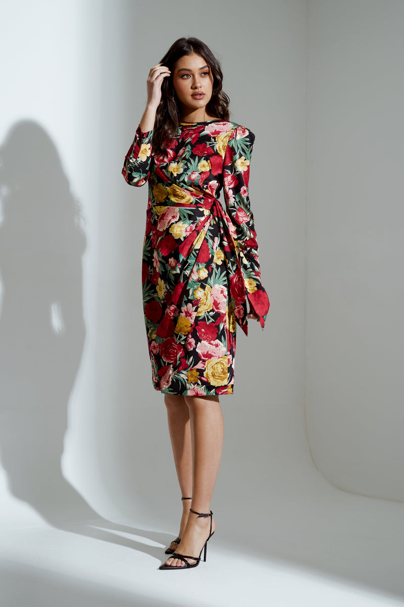 ELIZA ROSE FLORAL TIE DRAPE MIDI DRESS