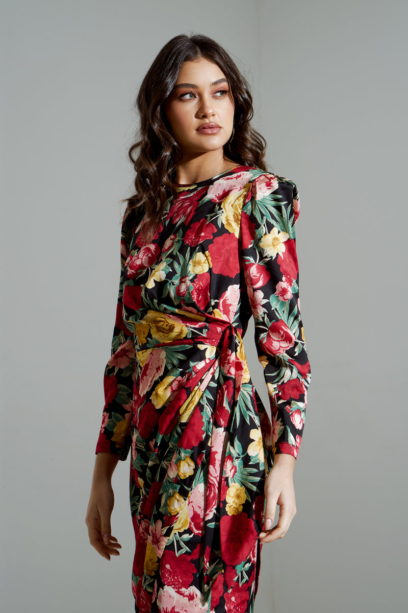 ELIZA ROSE FLORAL TIE DRAPE MIDI DRESS