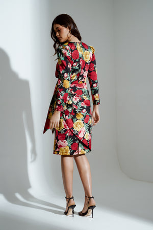 ELIZA ROSE FLORAL TIE DRAPE MIDI DRESS