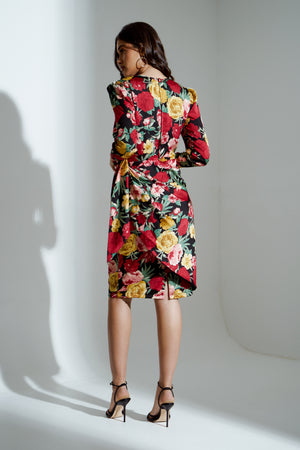 ELIZA ROSE FLORAL TIE DRAPE MIDI DRESS