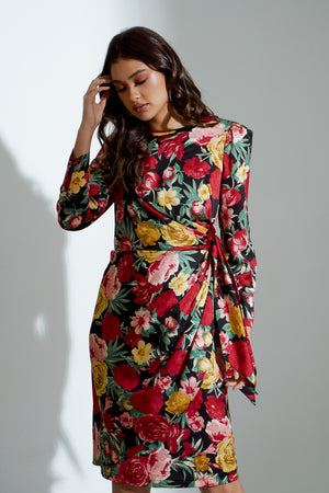 ELIZA ROSE FLORAL TIE DRAPE MIDI DRESS