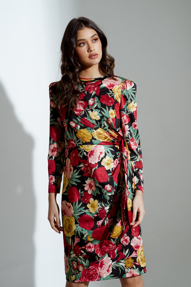 ELIZA ROSE FLORAL TIE DRAPE MIDI DRESS