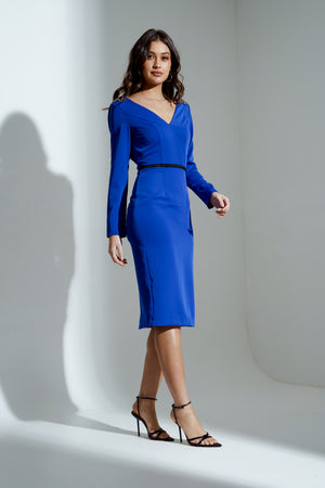 ATHENA EMBELLISHED SHOULDER COWL BACK MIDI DRESS