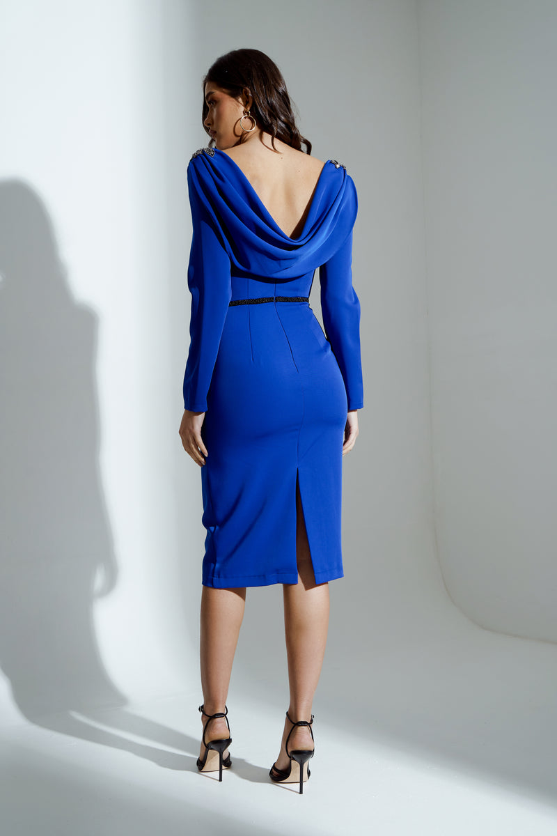ATHENA EMBELLISHED SHOULDER COWL BACK MIDI DRESS