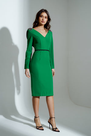 EMERALD EMBELLISHED SHOULDER COWL BACK MIDI DRESS
