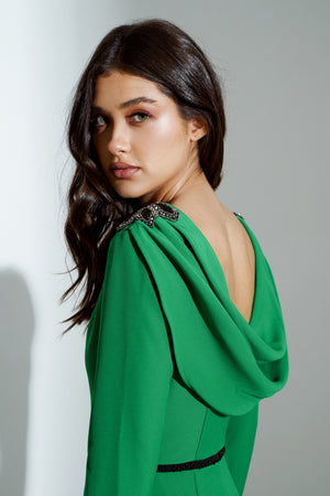 EMERALD EMBELLISHED SHOULDER COWL BACK MIDI DRESS