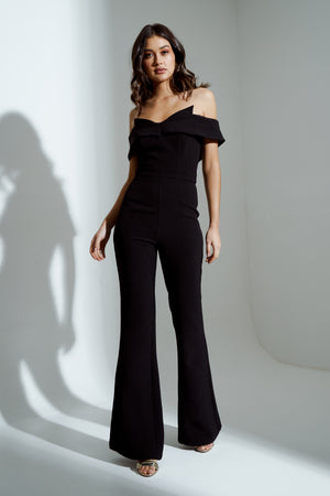 CHELSEA BARDOT FLARE JUMPSUIT - BLACK