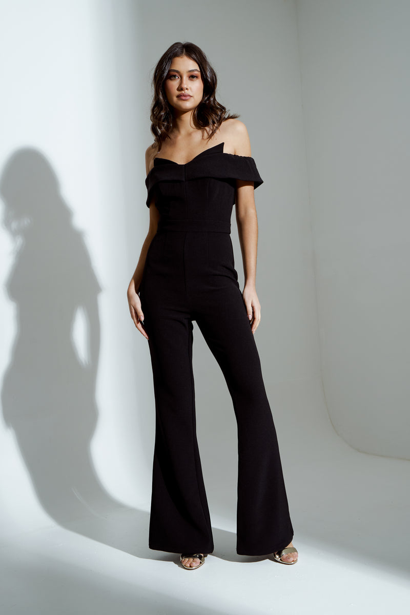 CHELSEA BARDOT FLARE JUMPSUIT - BLACK