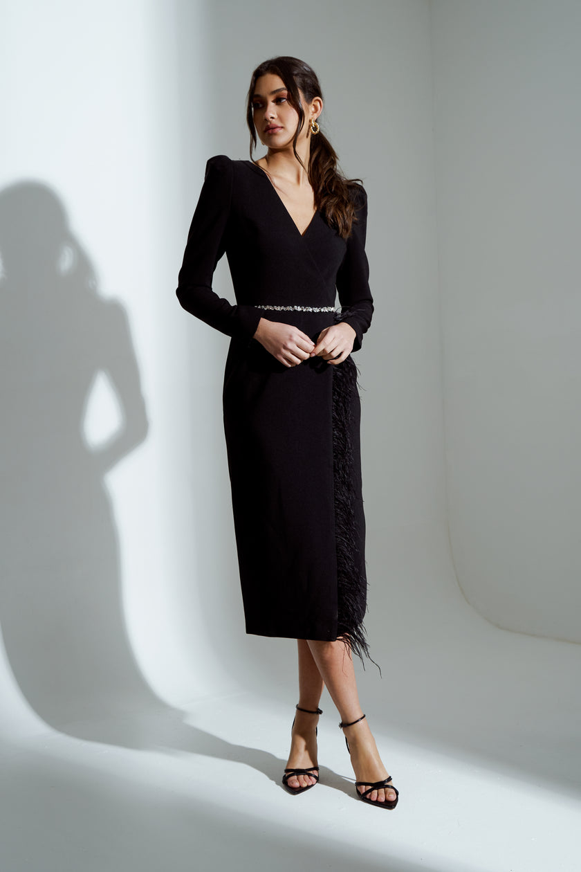 VIVIENNE FEATHER TRIM PUFF SHOULDER MIDI DRESS - BLACK