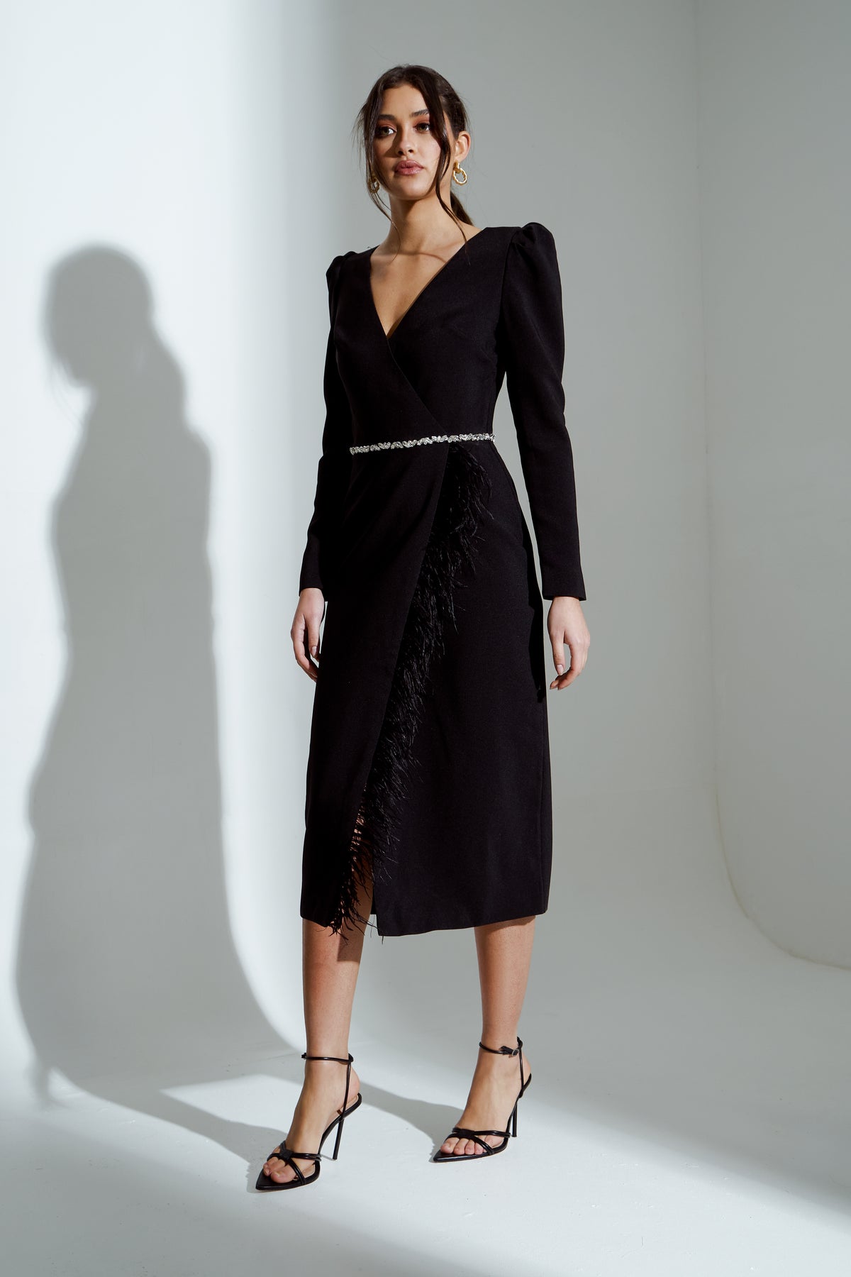 VIVIENNE FEATHER TRIM PUFF SHOULDER MIDI DRESS - BLACK