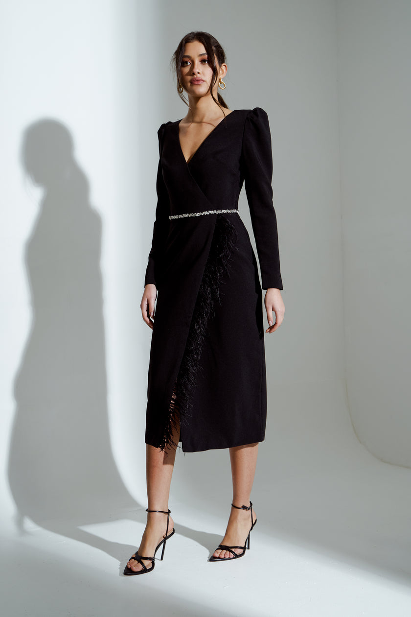 VIVIENNE FEATHER TRIM PUFF SHOULDER MIDI DRESS - BLACK