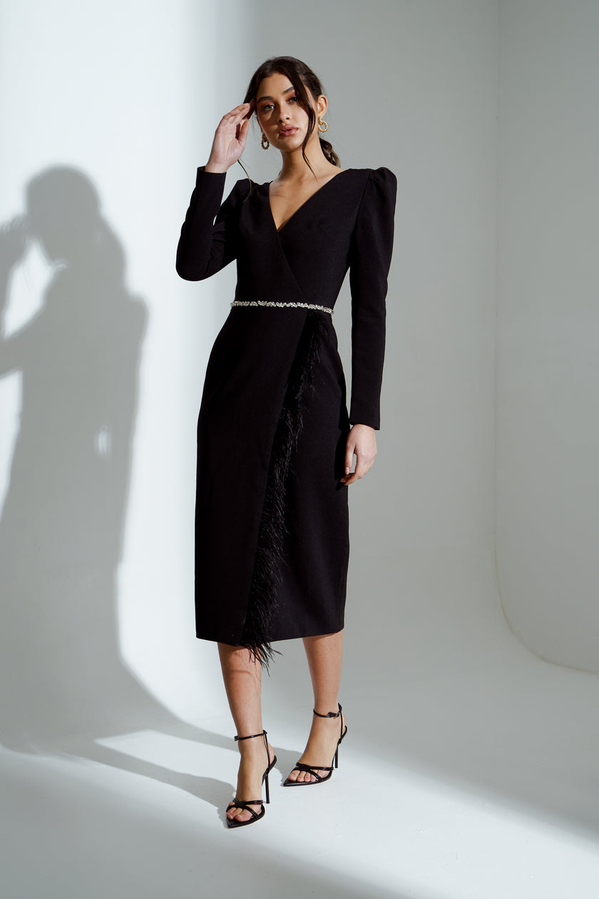 VIVIENNE FEATHER TRIM PUFF SHOULDER MIDI DRESS - BLACK