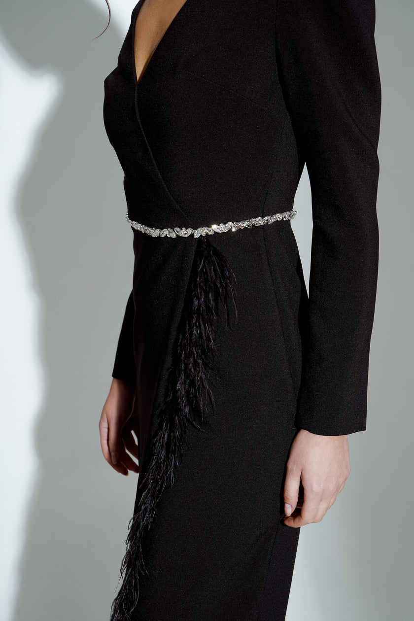 VIVIENNE FEATHER TRIM PUFF SHOULDER MIDI DRESS - BLACK