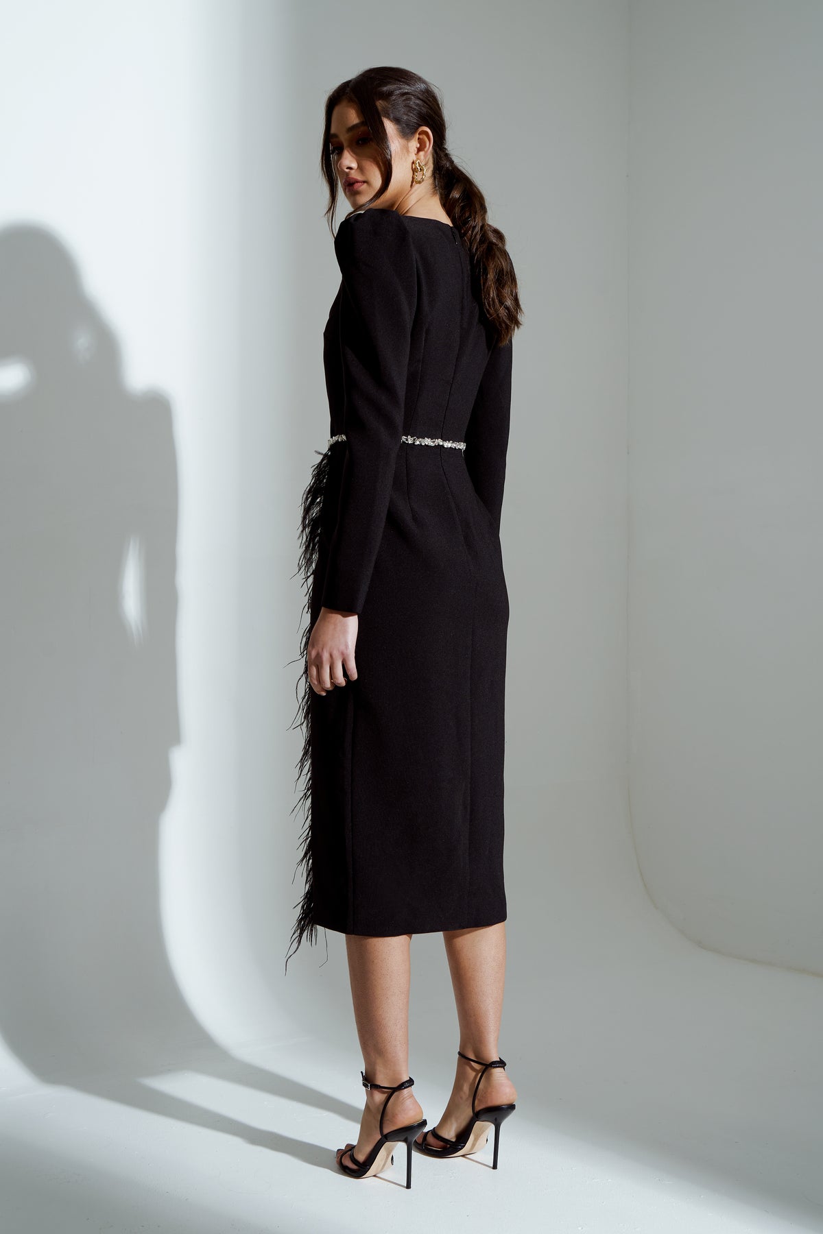 VIVIENNE FEATHER TRIM PUFF SHOULDER MIDI DRESS - BLACK