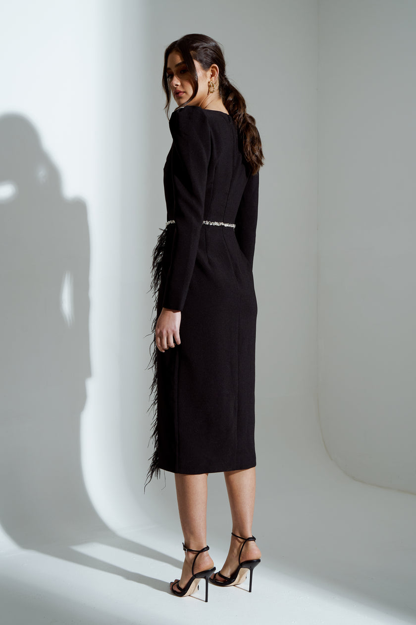VIVIENNE FEATHER TRIM PUFF SHOULDER MIDI DRESS - BLACK