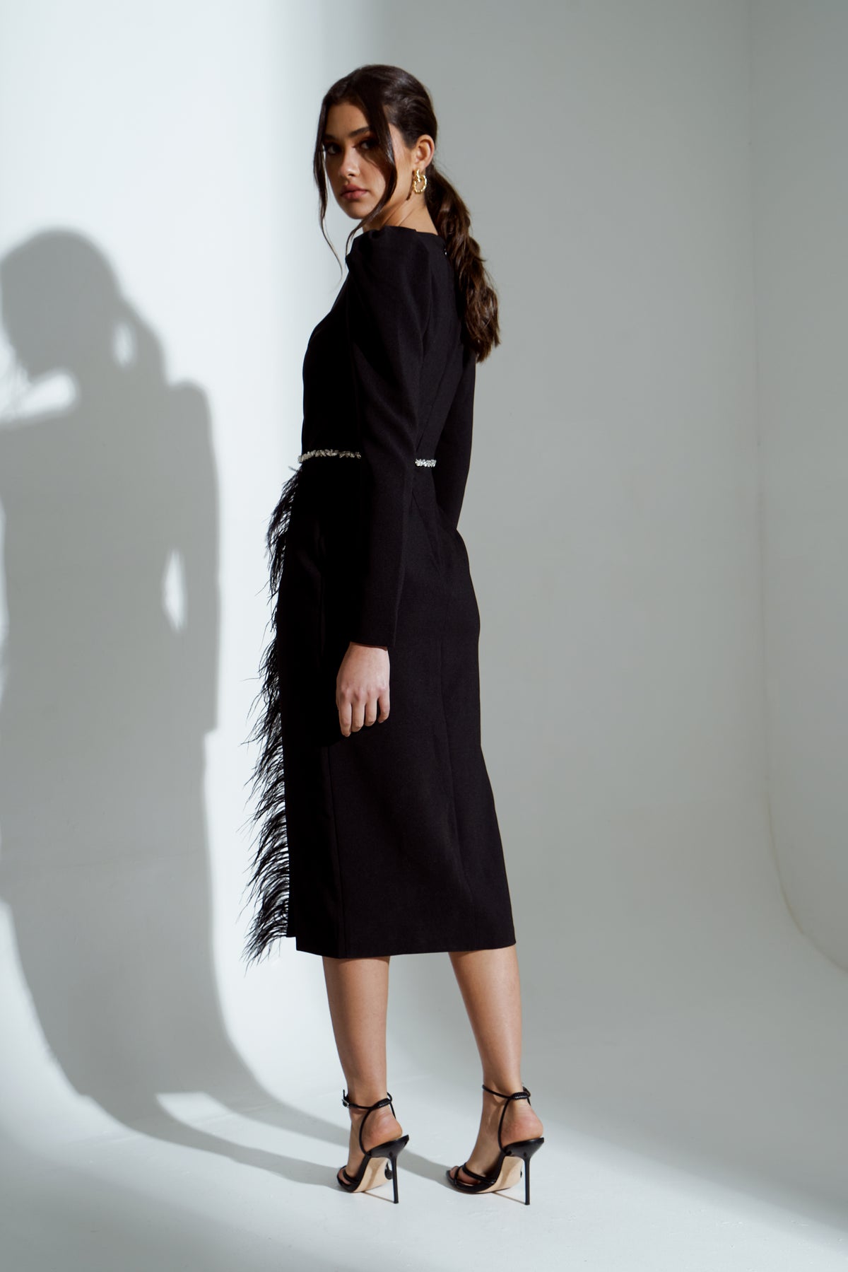 VIVIENNE FEATHER TRIM PUFF SHOULDER MIDI DRESS - BLACK