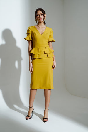 SAFFRON FRILL SLEEVE MIDI DRESS - GOLDEN YELLOW