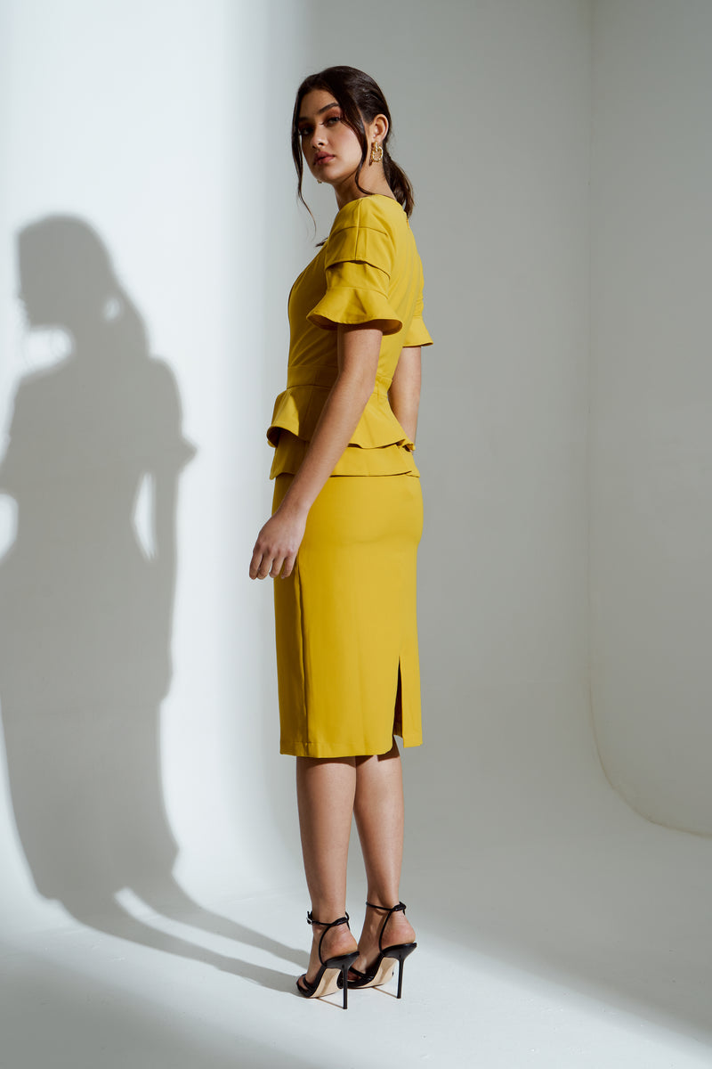 SAFFRON FRILL SLEEVE MIDI DRESS - GOLDEN YELLOW