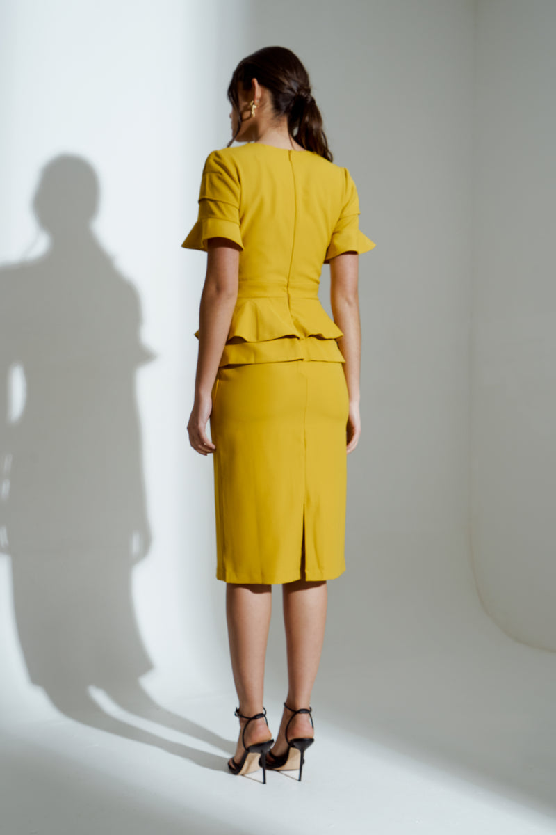 SAFFRON FRILL SLEEVE MIDI DRESS - GOLDEN YELLOW