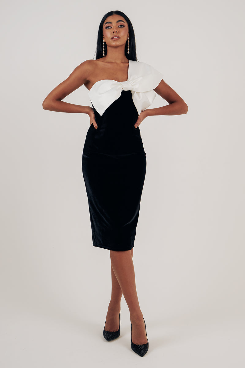 RAPHELITE VELVET SATIN BOW DRESS - BLACK IVORY