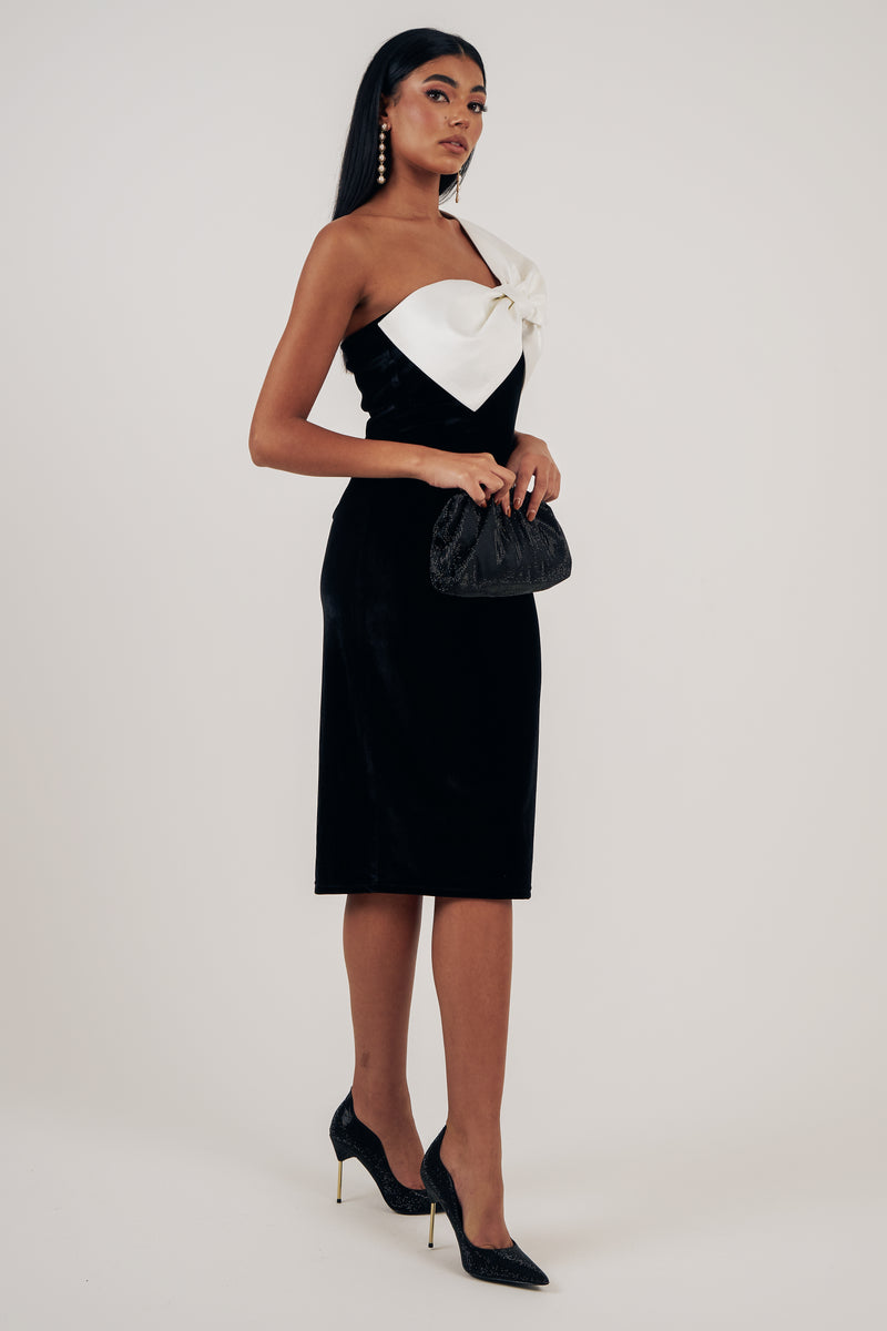 RAPHELITE VELVET SATIN BOW DRESS - BLACK IVORY