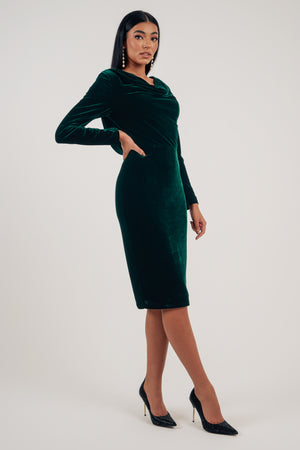 NOELLE VELVET LACE COWL BACK MIDI - FOREST GREEN