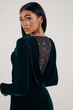NOELLE VELVET LACE COWL BACK MIDI - FOREST GREEN