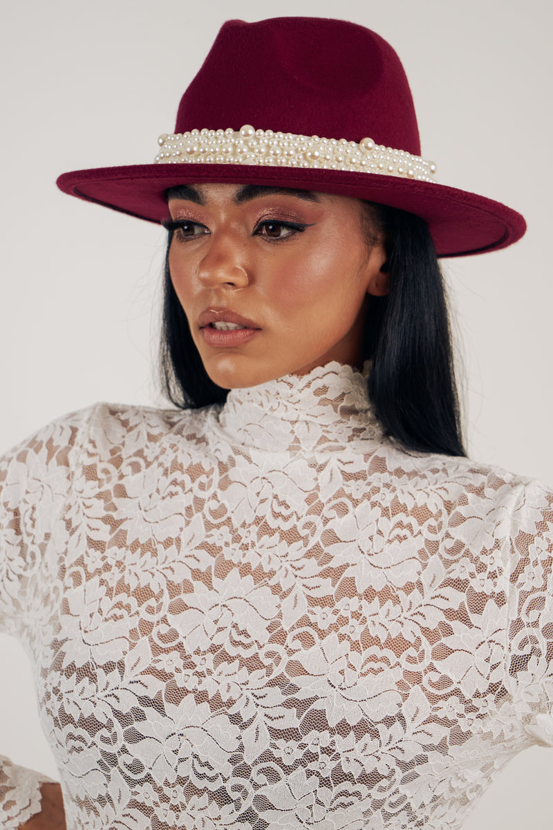 CHARIS PEARL TRIM FEDORA - OXBLOOD