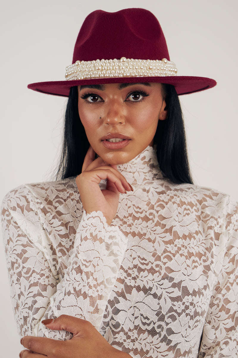 CHARIS PEARL TRIM FEDORA - OXBLOOD