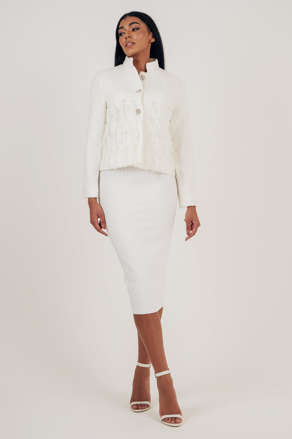 CHLOEE BOUCLE PEARL FEATHER DETAIL JACKET - IVORY