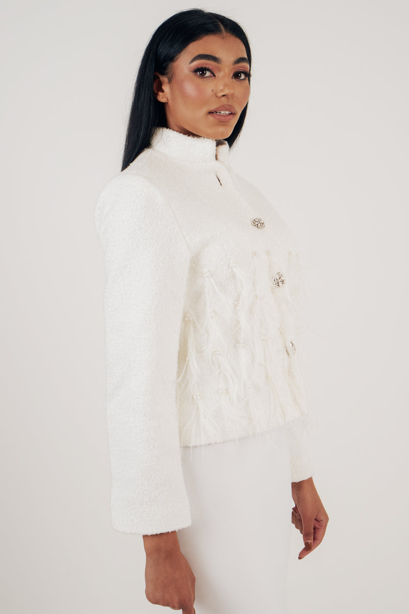 CHLOEE BOUCLE PEARL FEATHER DETAIL JACKET - IVORY