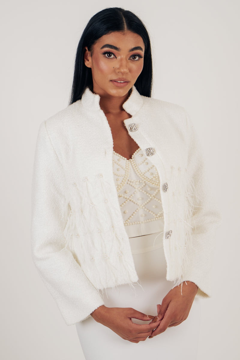CHLOEE BOUCLE PEARL FEATHER DETAIL JACKET - IVORY