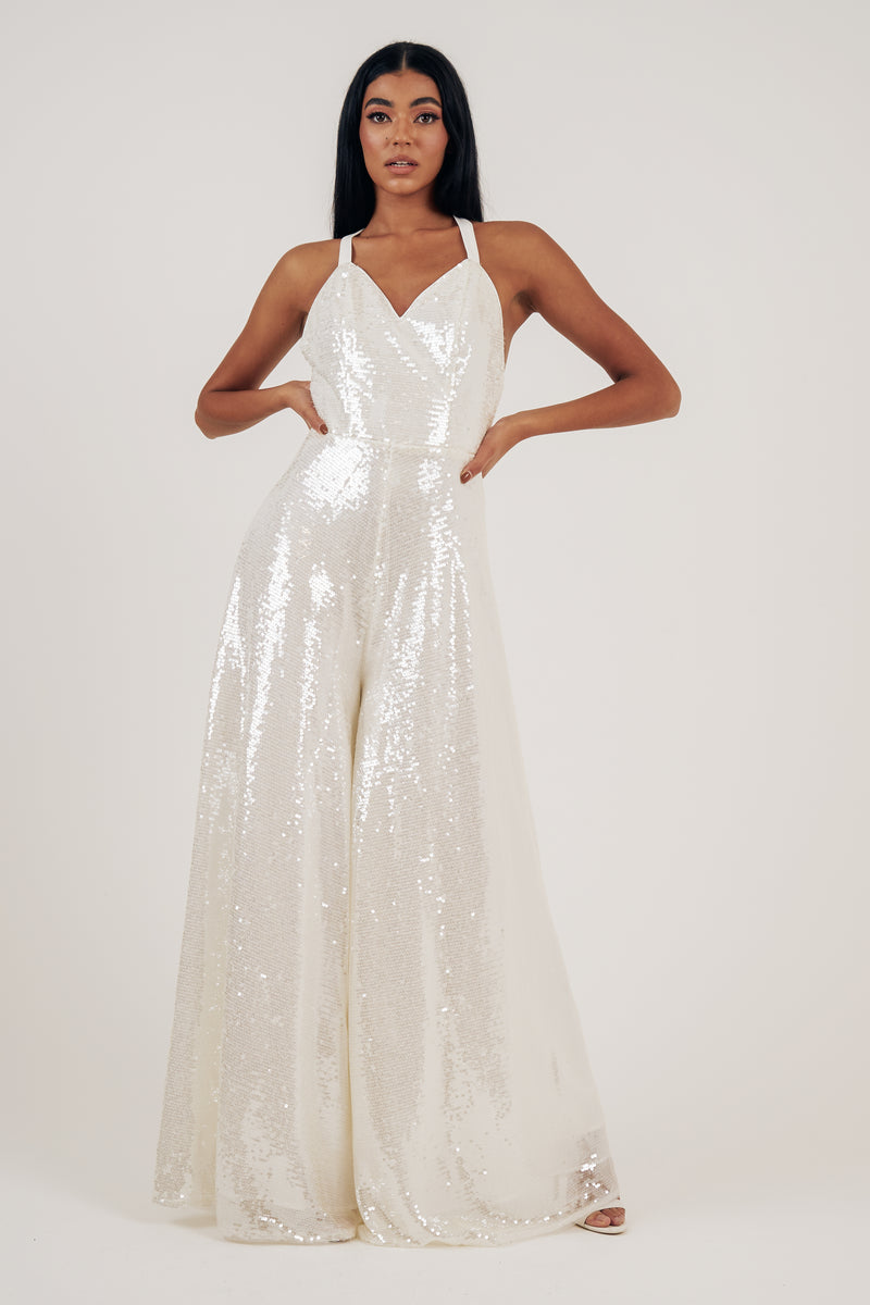 QUARTZ SHEER SEQUIN JUMPSUIT - IVORY