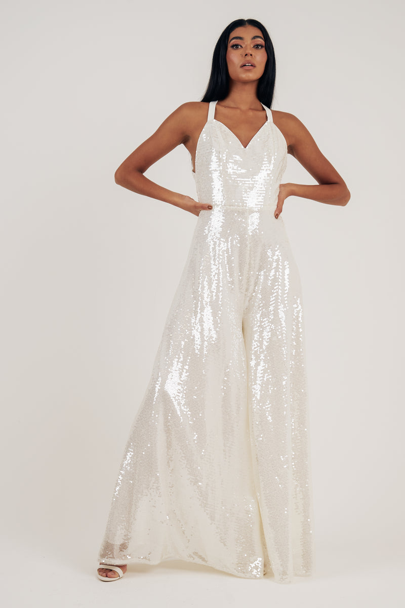 QUARTZ SHEER SEQUIN JUMPSUIT - IVORY