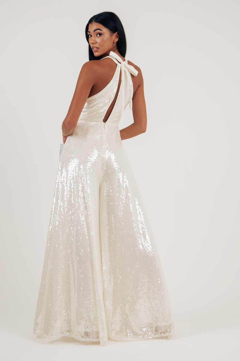 QUARTZ SHEER SEQUIN JUMPSUIT - IVORY