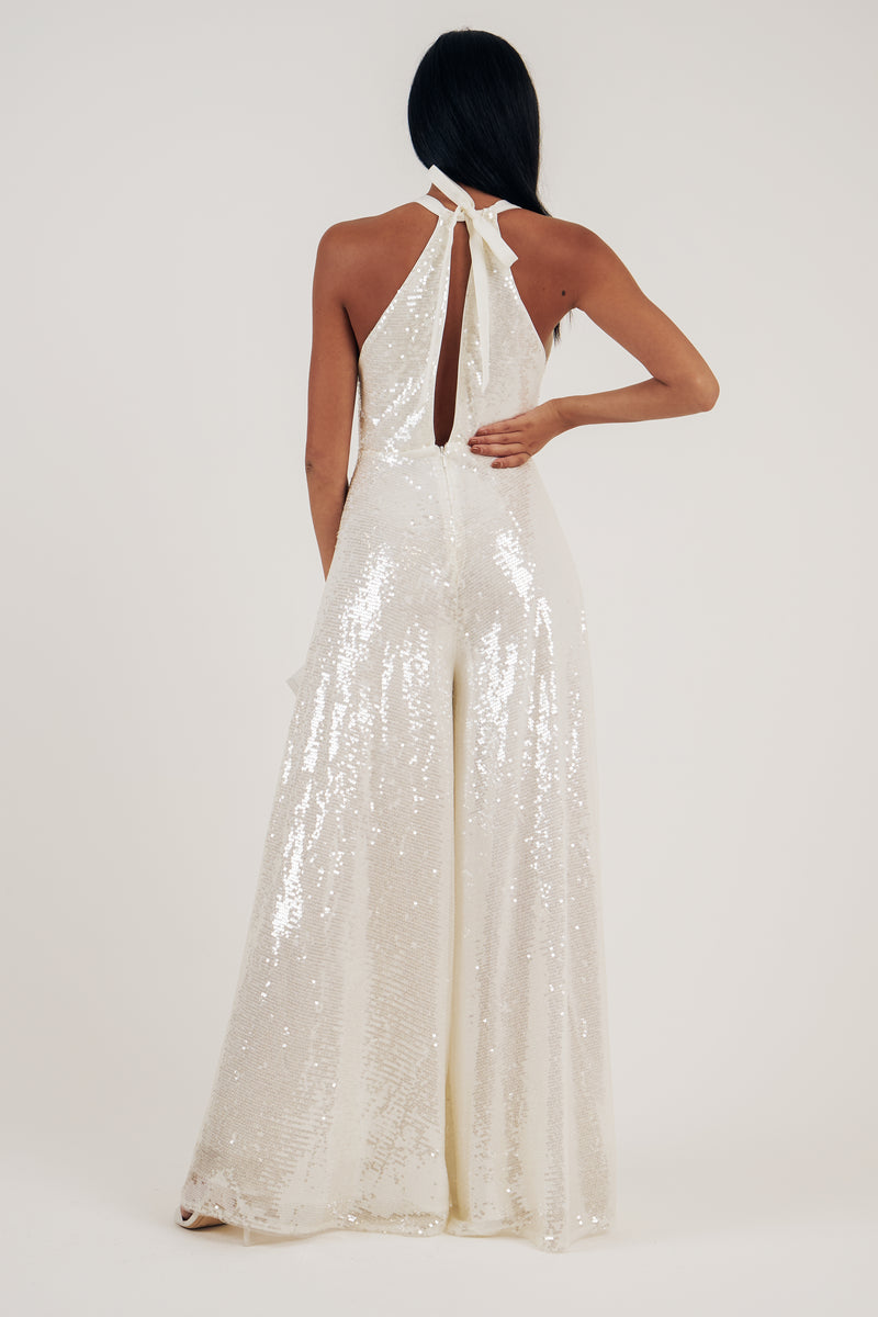 QUARTZ SHEER SEQUIN JUMPSUIT - IVORY