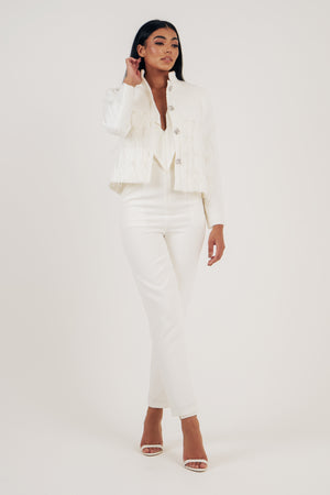 CHLOEE BOUCLE PEARL FEATHER DETAIL JACKET - IVORY