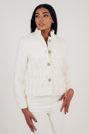 CHLOEE BOUCLE PEARL FEATHER DETAIL JACKET - IVORY