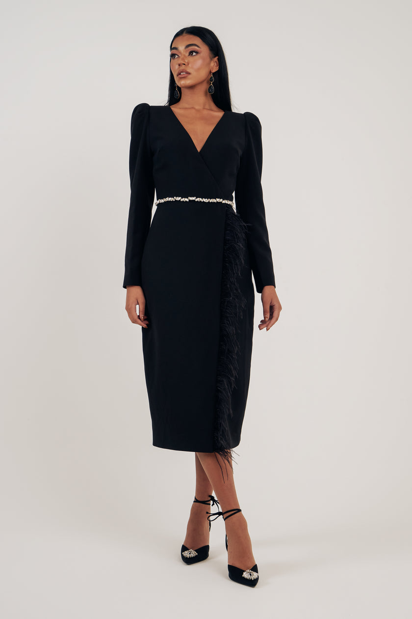 VIVIENNE FEATHER TRIM PUFF SHOULDER MIDI DRESS - BLACK