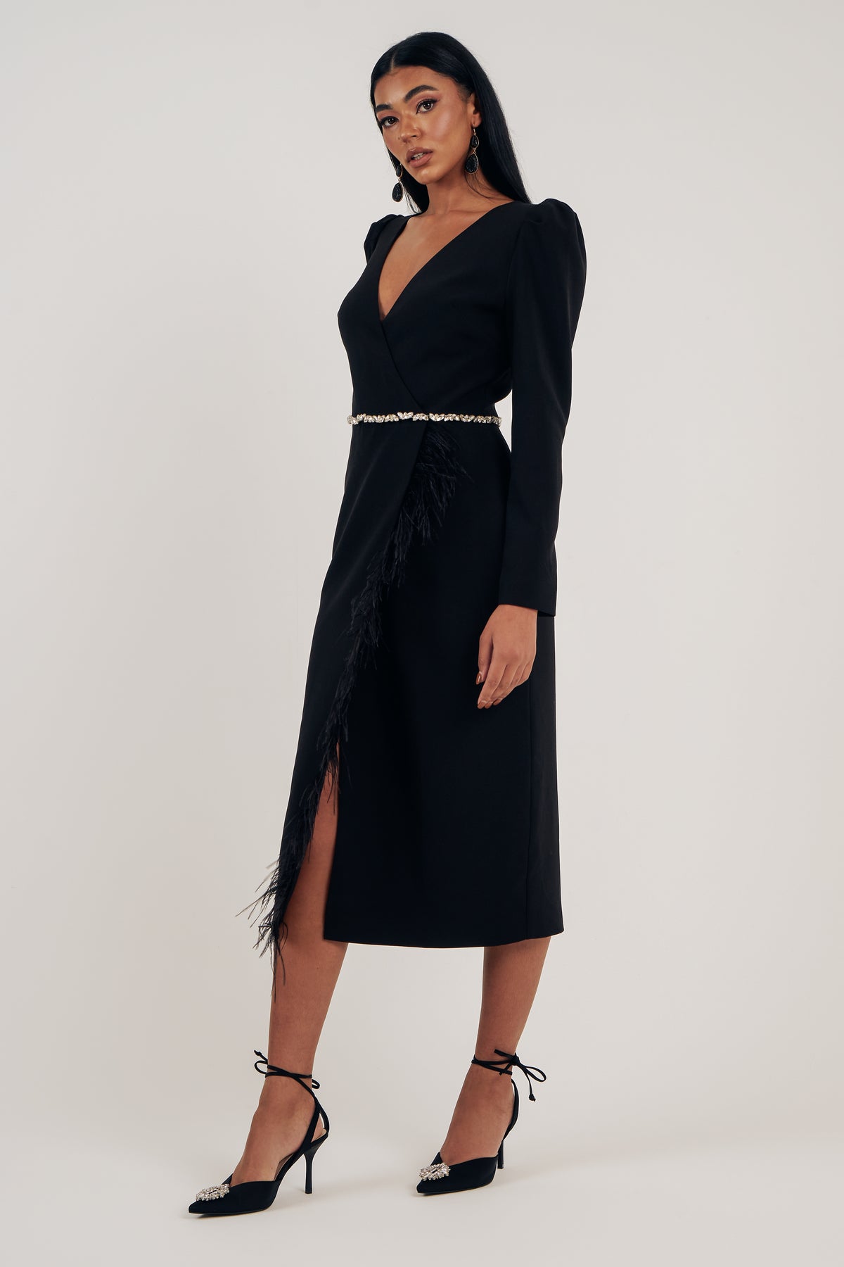 VIVIENNE FEATHER TRIM PUFF SHOULDER MIDI DRESS - BLACK